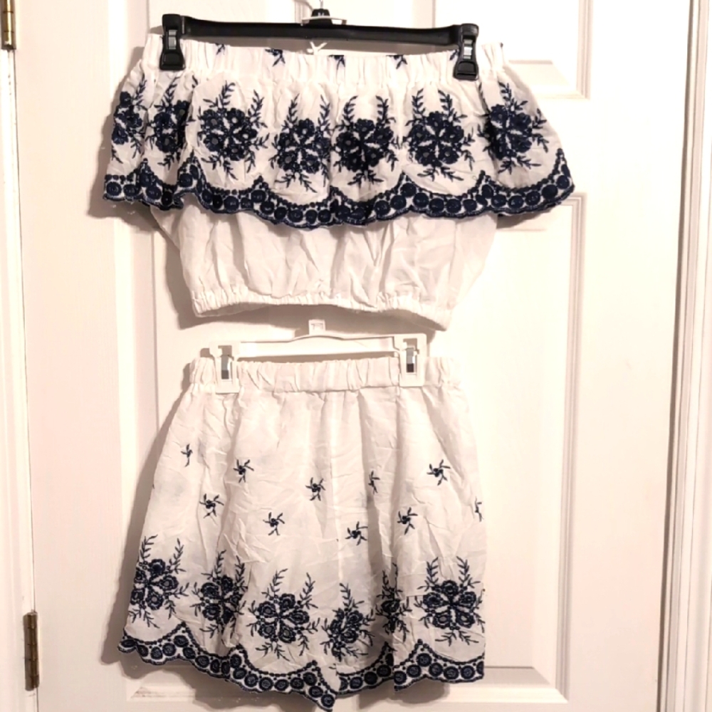 White and Blue Embroidered Top And Short Set